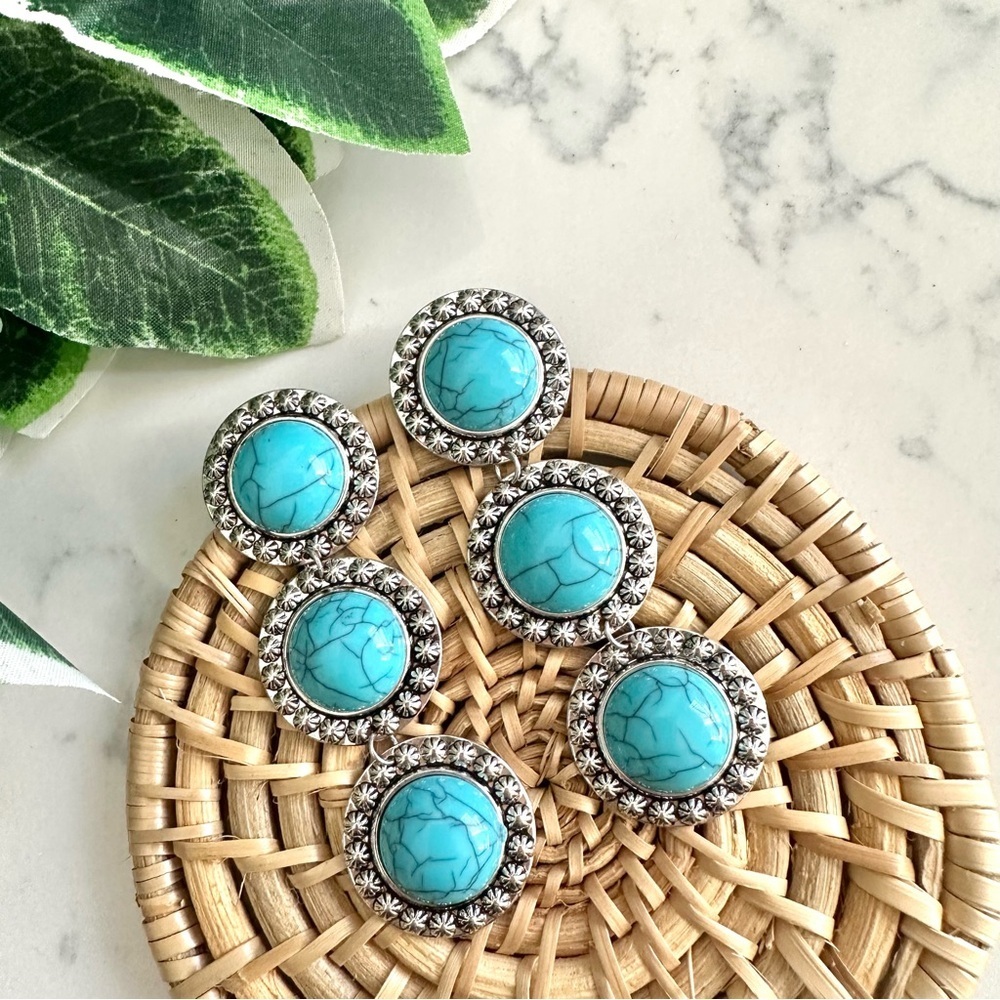 2/$30🌵 Silver Turquoise Stone Round Tiered Earrings Western Bohemian Gift NEW